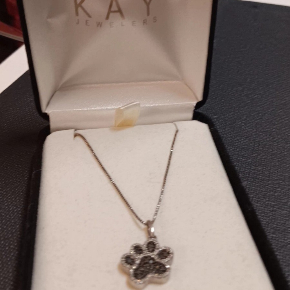RARE 😻KAY JEWELERS😻 ANIMAL PAW PENDANT NECKLACE 925 Silver Black Onyx Diamond